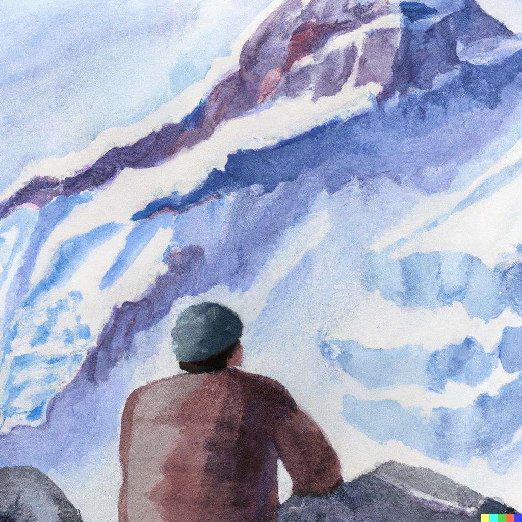someone gazing at Mount Everest, watercolor painting